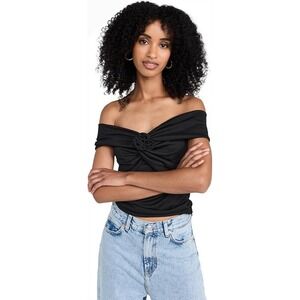 WAYF Nordstrom black velvet off the shoulder ruched top removable rosette pin‎